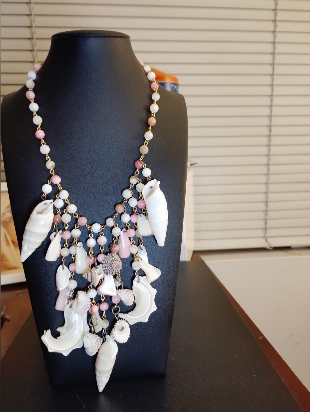 Vintage Japan Shell Bib Necklace Pink White Beaded Gold Tone Statement